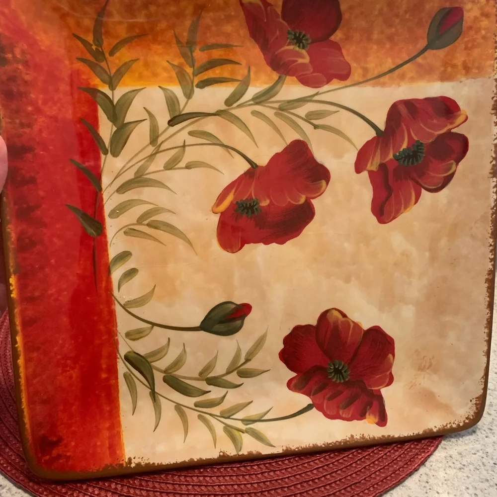 Retired Red Floral Decorative Serving Platter from Pier One
